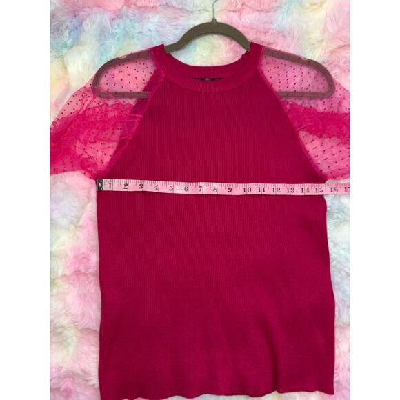❤️‍🔥NWT Nicole Miller Mesh Sleeve Ribbed Top Berry Size M - Picture 7 of 10